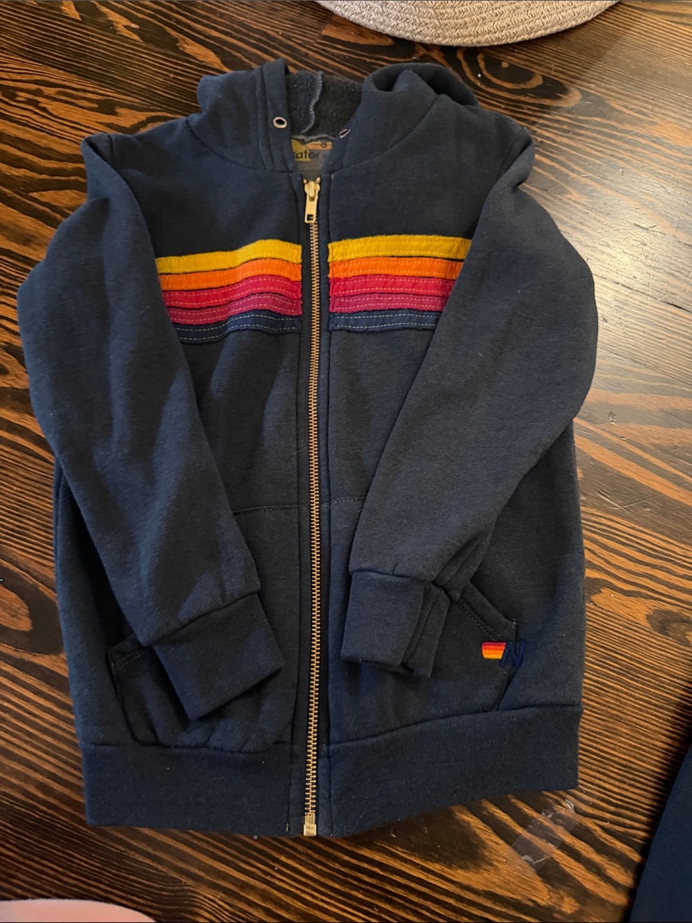 Aviator Nation Navy Zip Hoodie with Yellow Orange Pink and Blue Stripes